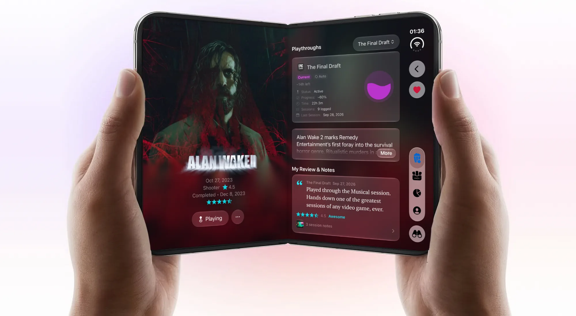 Omniphile en un iPhone Duo abierto sujeto con las dos manos: la ilustración y el título de un juego en la mitad izquierda de la pantalla, sus partidas y su reseña a la derecha, y la barra de pestañas a lo largo del borde derecho