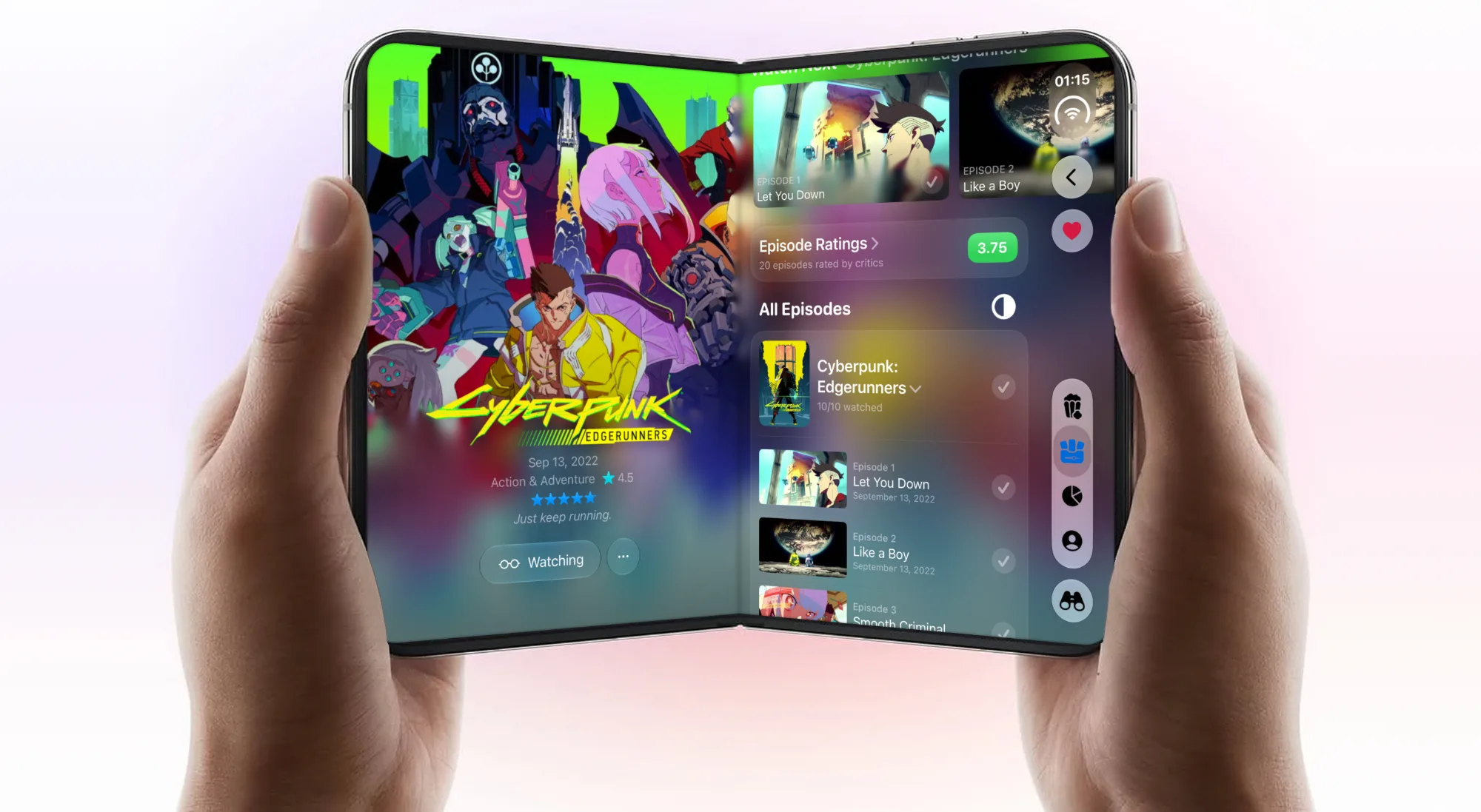Omniphile en un iPhone Duo abierto sujeto con las dos manos: la imagen principal de una serie en la mitad izquierda de la pantalla, y sus próximos episodios, las puntuaciones de los episodios y la lista de episodios a la derecha