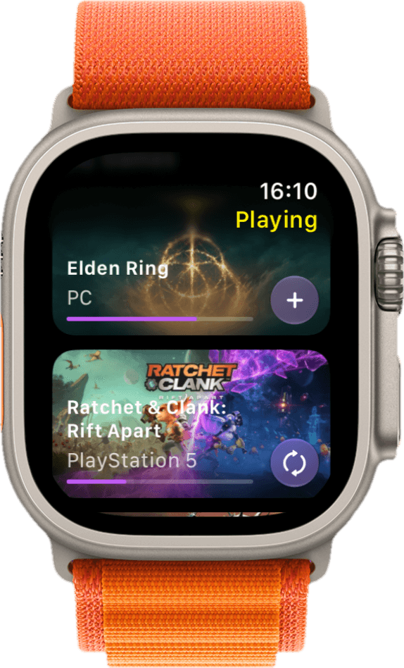 The Omniphile Apple Watch app listing the games being played, with their platform and progress