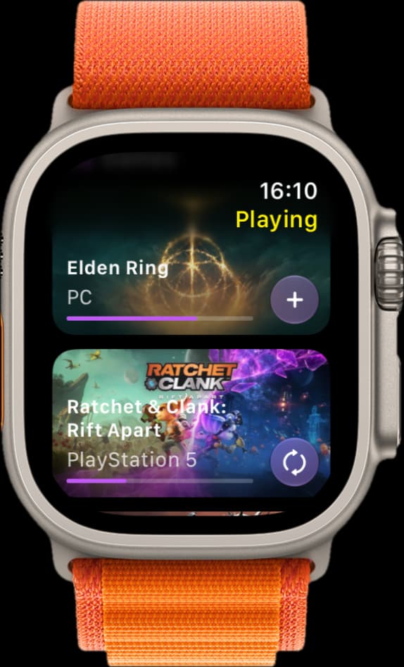 The Omniphile Apple Watch app listing the games being played, with their platform and progress