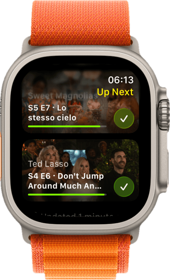 The Omniphile Apple Watch app listing the next episodes to watch, each with a button to mark it watched
