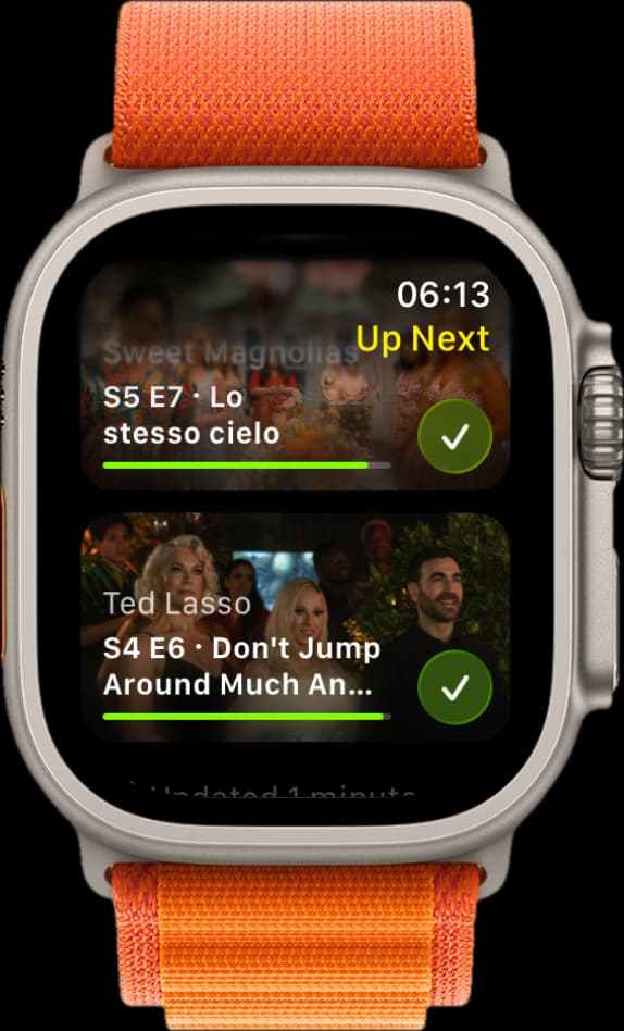 The Omniphile Apple Watch app listing the next episodes to watch, each with a button to mark it watched