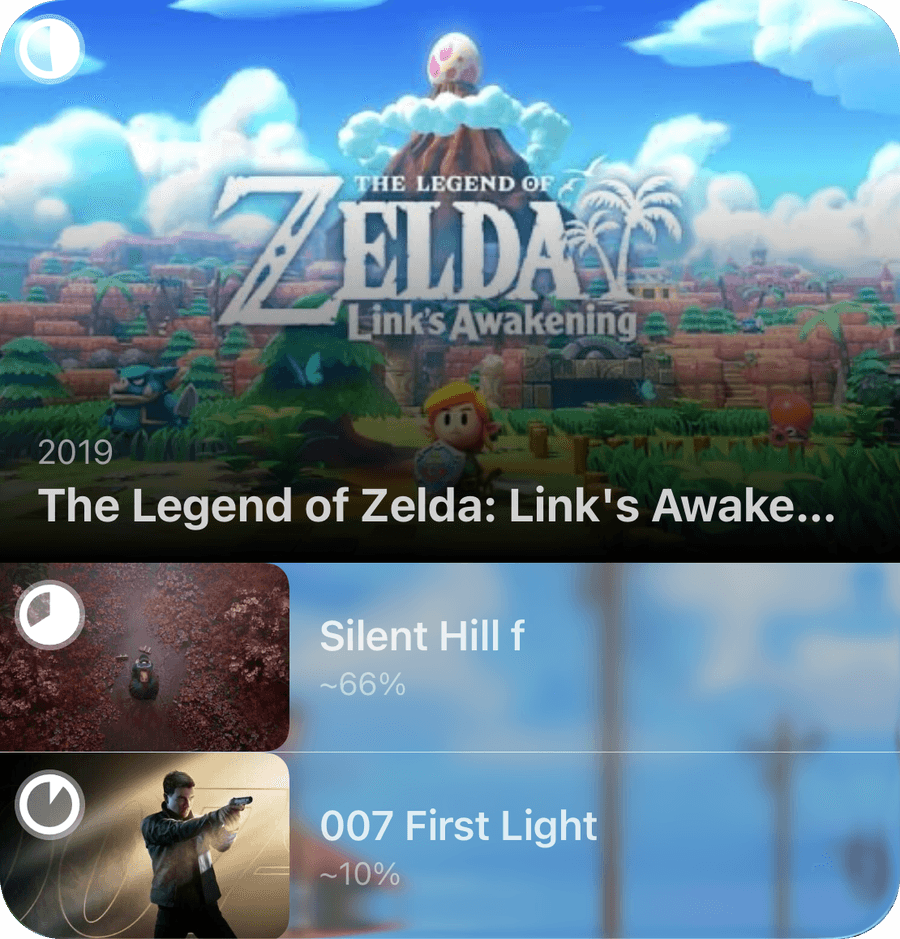 An Omniphile Home Screen widget showing the game in progress and two more with how far through each one is