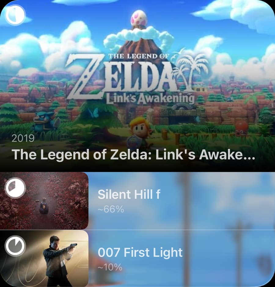 An Omniphile Home Screen widget showing the game in progress and two more with how far through each one is