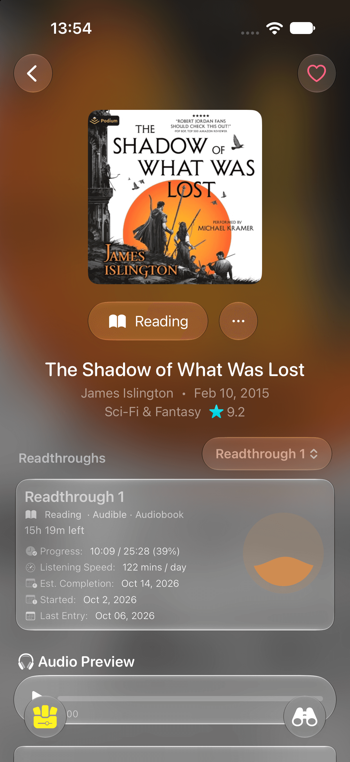 The Omniphile audiobook detail screen on iPhone for The Shadow of What Was Lost, with a readthrough card showing listening progress and an audio preview