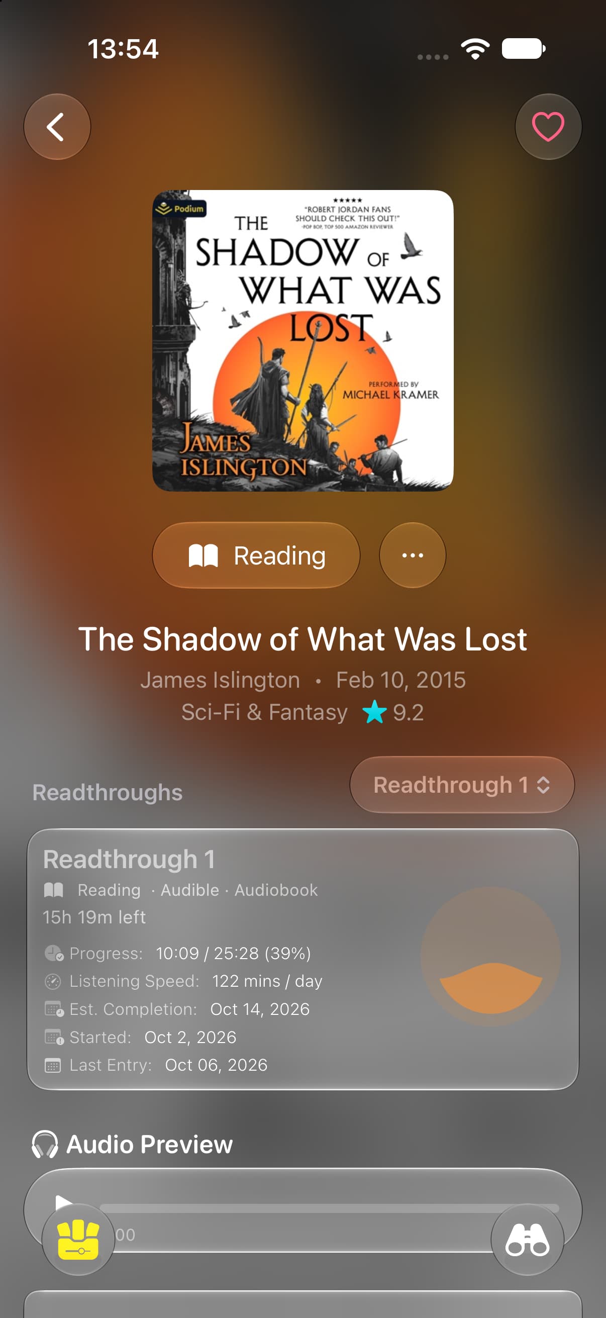 The Omniphile audiobook detail screen on iPhone for The Shadow of What Was Lost, with a readthrough card showing listening progress and an audio preview