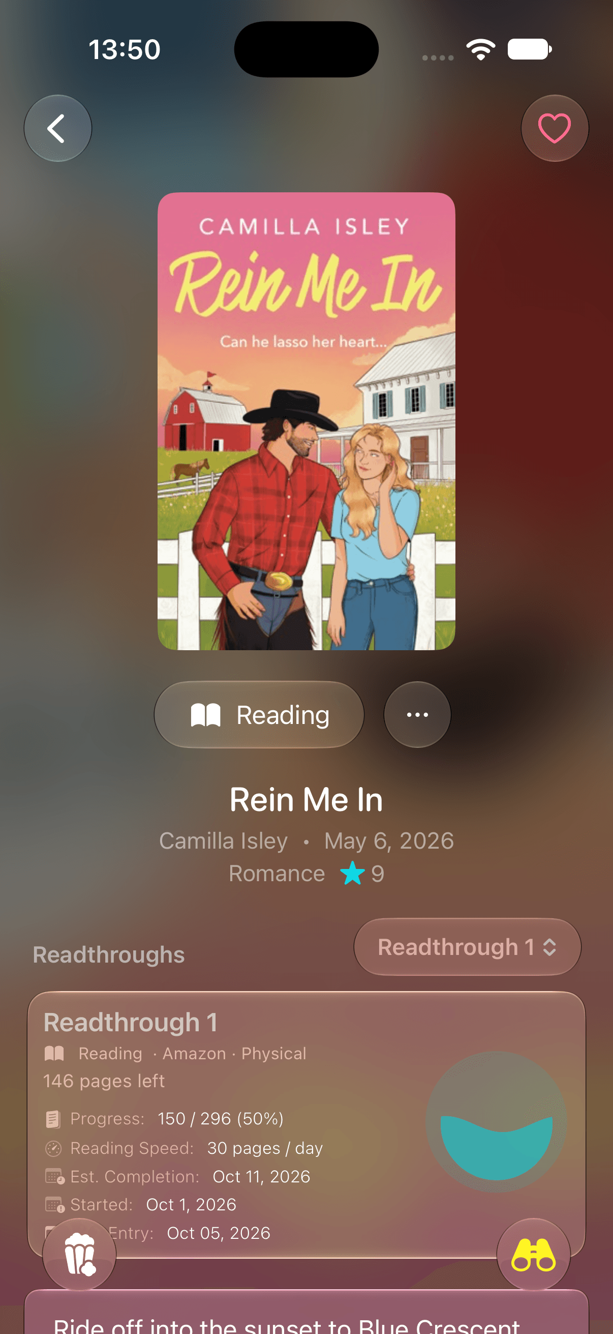 The Omniphile book detail screen on iPhone for Rein Me In, being read, with a readthrough card showing pages left, reading speed and estimated completion