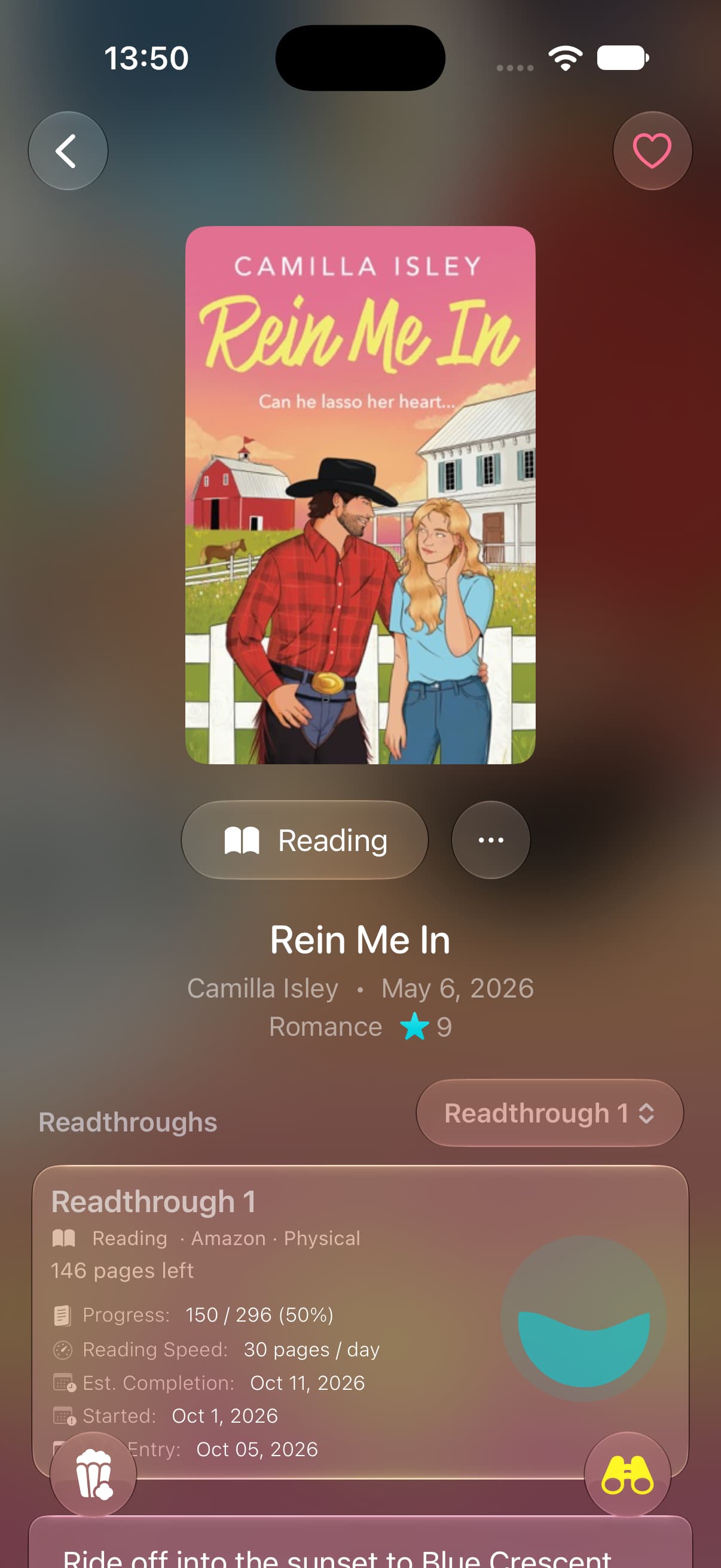 The Omniphile book detail screen on iPhone for Rein Me In, being read, with a readthrough card showing pages left, reading speed and estimated completion