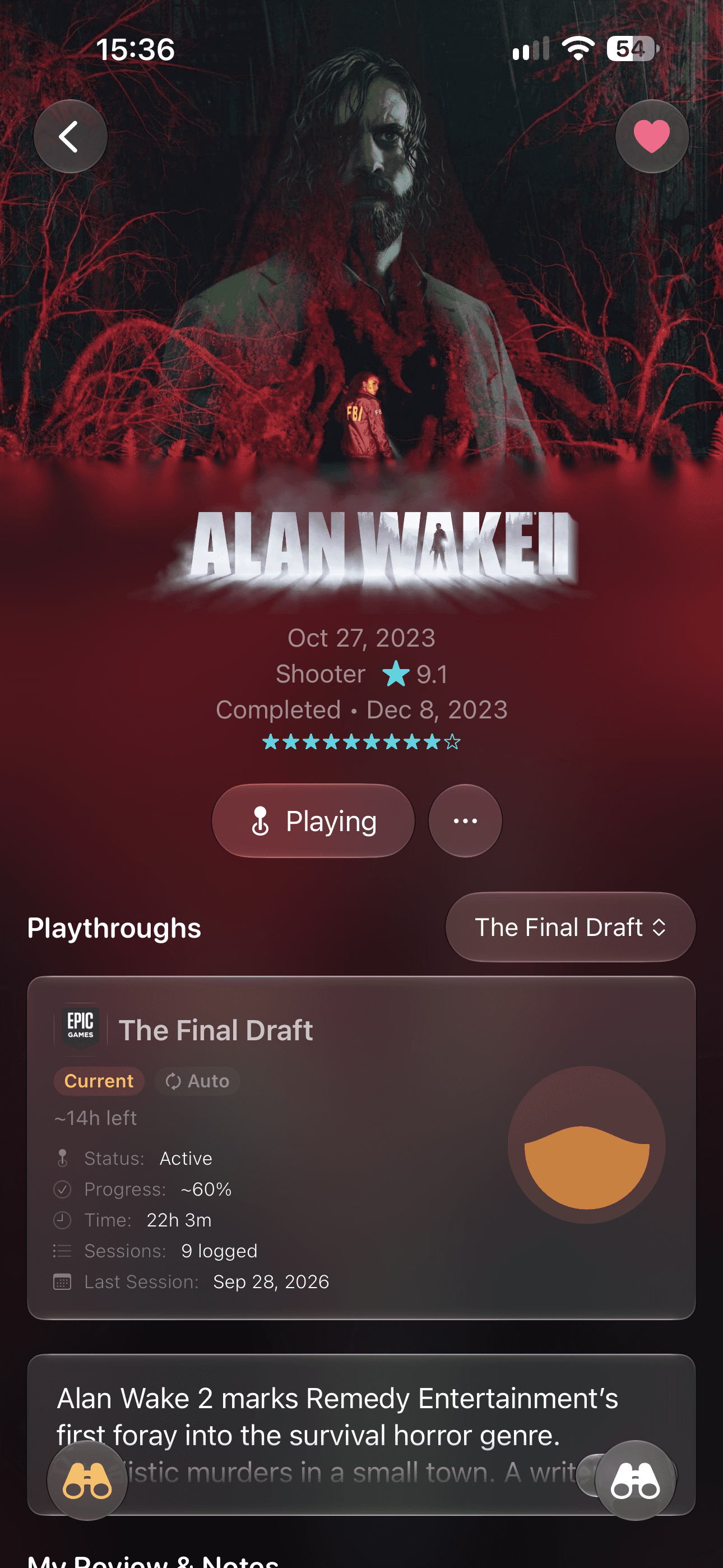 The Omniphile game detail screen on iPhone for Alan Wake 2, with a ten-star rating and a playthrough card showing play time, progress and logged sessions