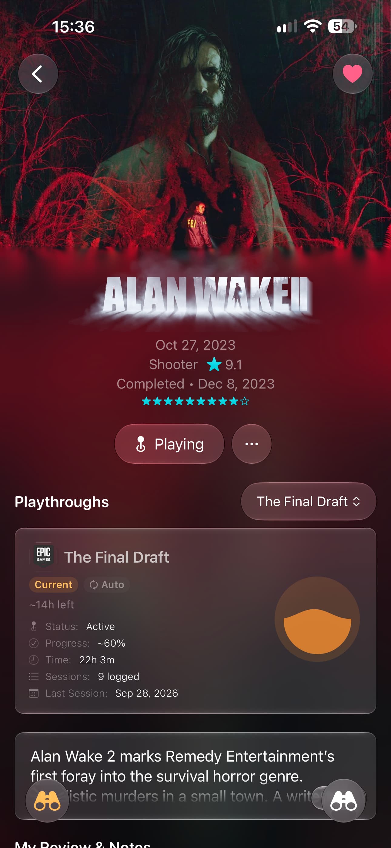 The Omniphile game detail screen on iPhone for Alan Wake 2, with a ten-star rating and a playthrough card showing play time, progress and logged sessions