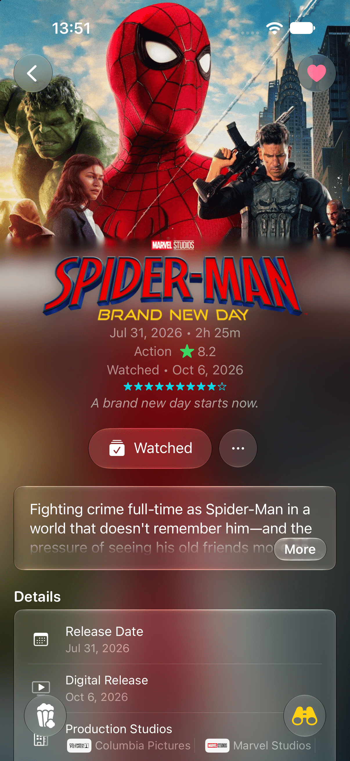 The Omniphile movie detail screen on iPhone for Spider-Man: Brand New Day, marked watched with a ten-star rating and its release dates
