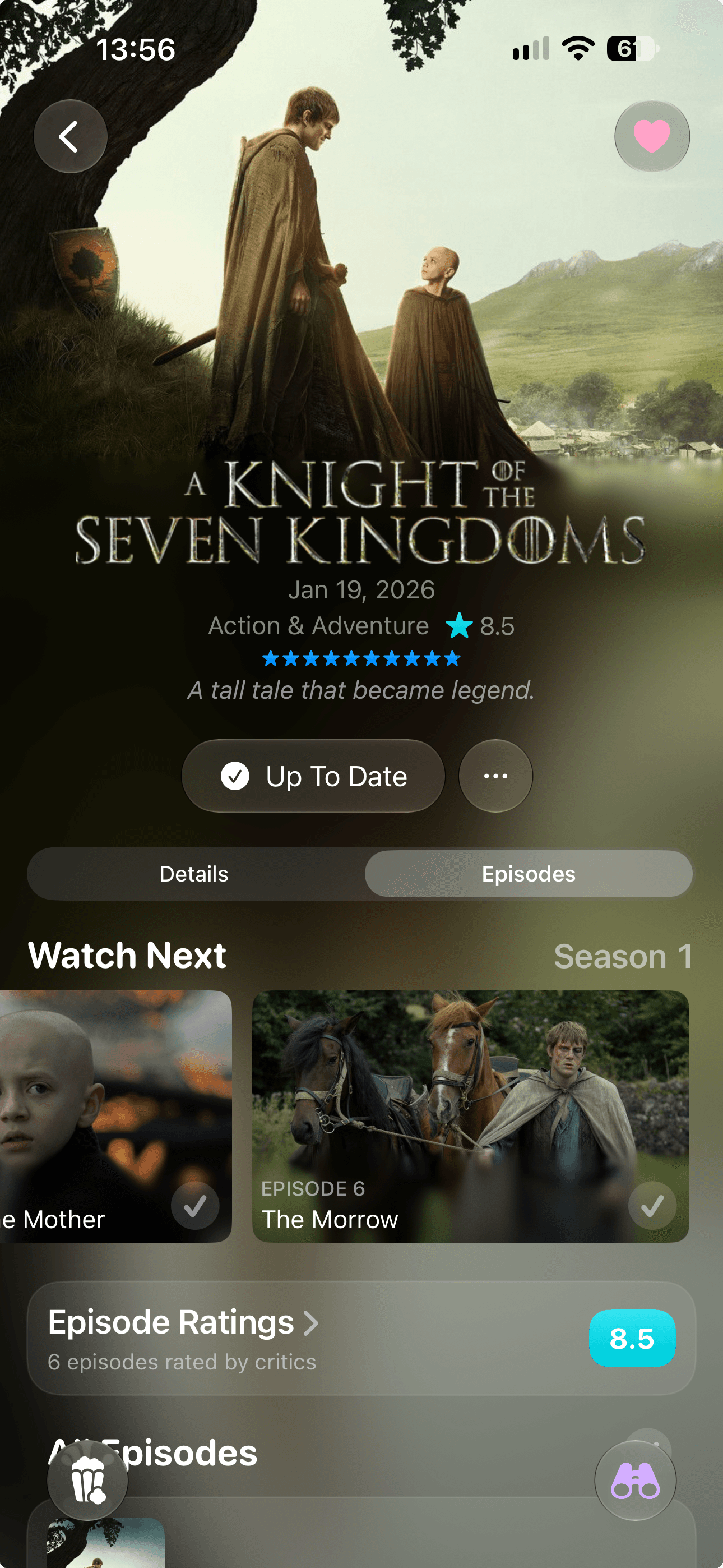 The Omniphile TV show detail screen on iPhone for A Knight of the Seven Kingdoms, marked up to date with a Watch Next episode carousel and episode ratings