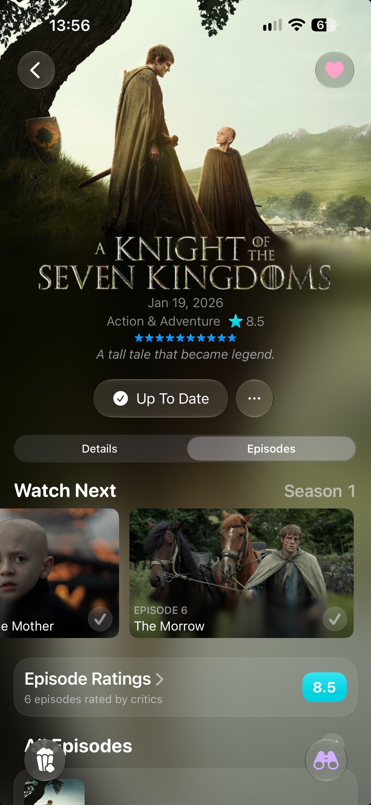 The Omniphile TV show detail screen on iPhone for A Knight of the Seven Kingdoms, marked up to date with a Watch Next episode carousel and episode ratings